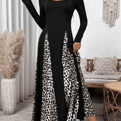 Black retro high waist leopard print patchwork dress by Christine Brewer, featuring bold animal print and vintage-inspired design.
