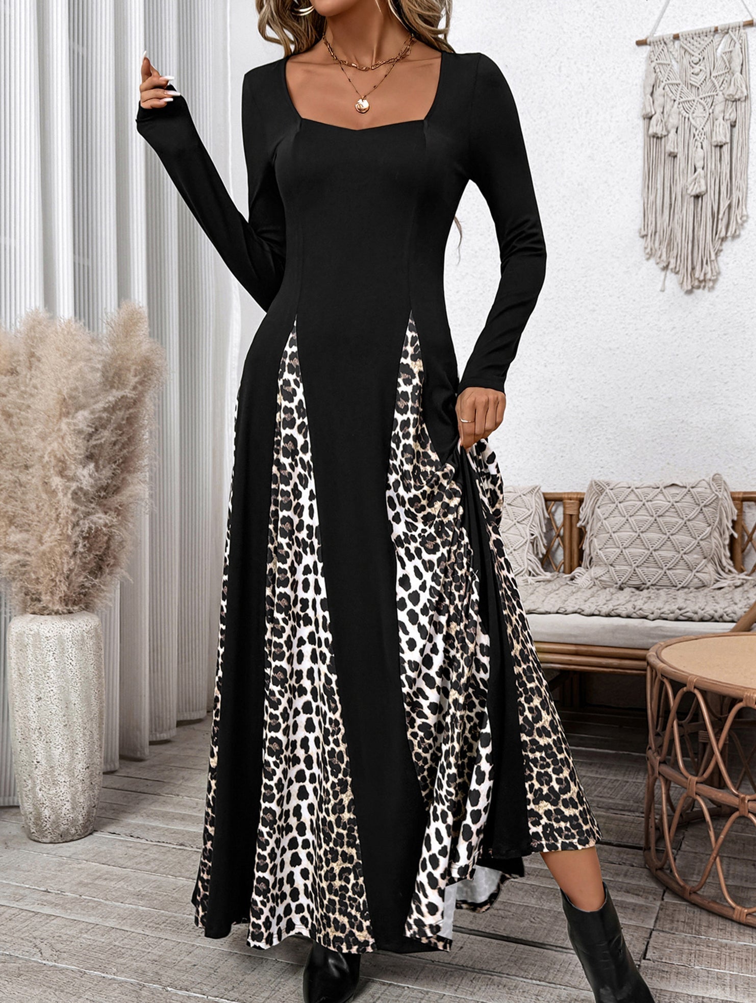 Black retro high waist leopard print patchwork dress by Christine Brewer, featuring bold animal print and vintage-inspired design.