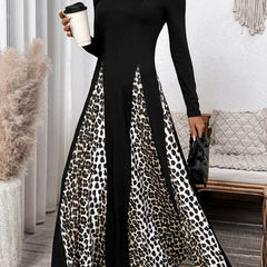 Black retro high waist leopard print patchwork dress by Christine Brewer, featuring bold animal print and vintage-inspired design.