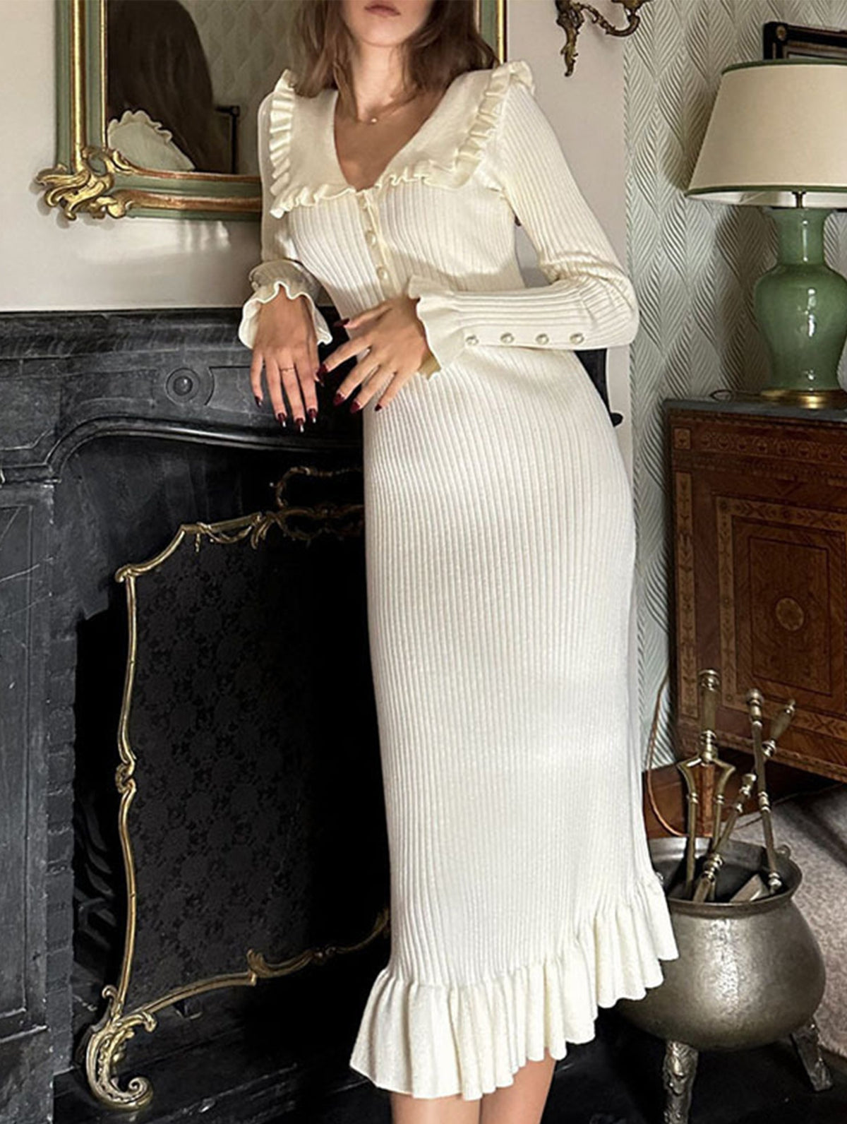White retro ruffled knit dress by Christine Brewer, featuring a vintage-inspired design and textured fabric for a stylish look.