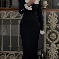 Black retro ruffled knit dress by Christine Brewer, featuring a classic silhouette and textured fabric, perfect for stylish occasions.
