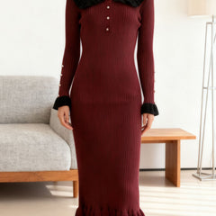White retro ruffled knit dress by Christine Brewer, featuring a vintage-inspired design and textured fabric.