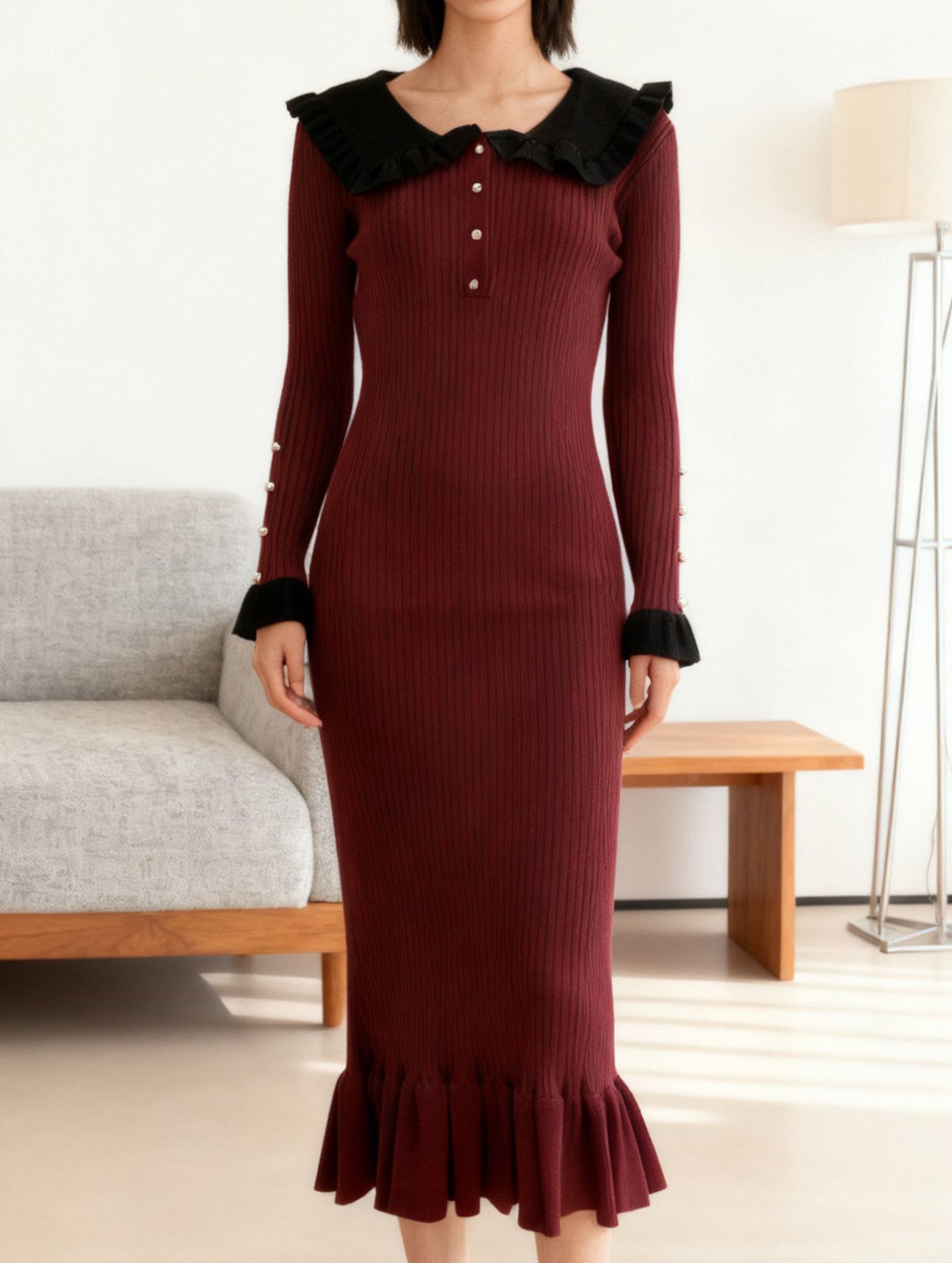 White retro ruffled knit dress by Christine Brewer, featuring a vintage-inspired design and textured fabric.