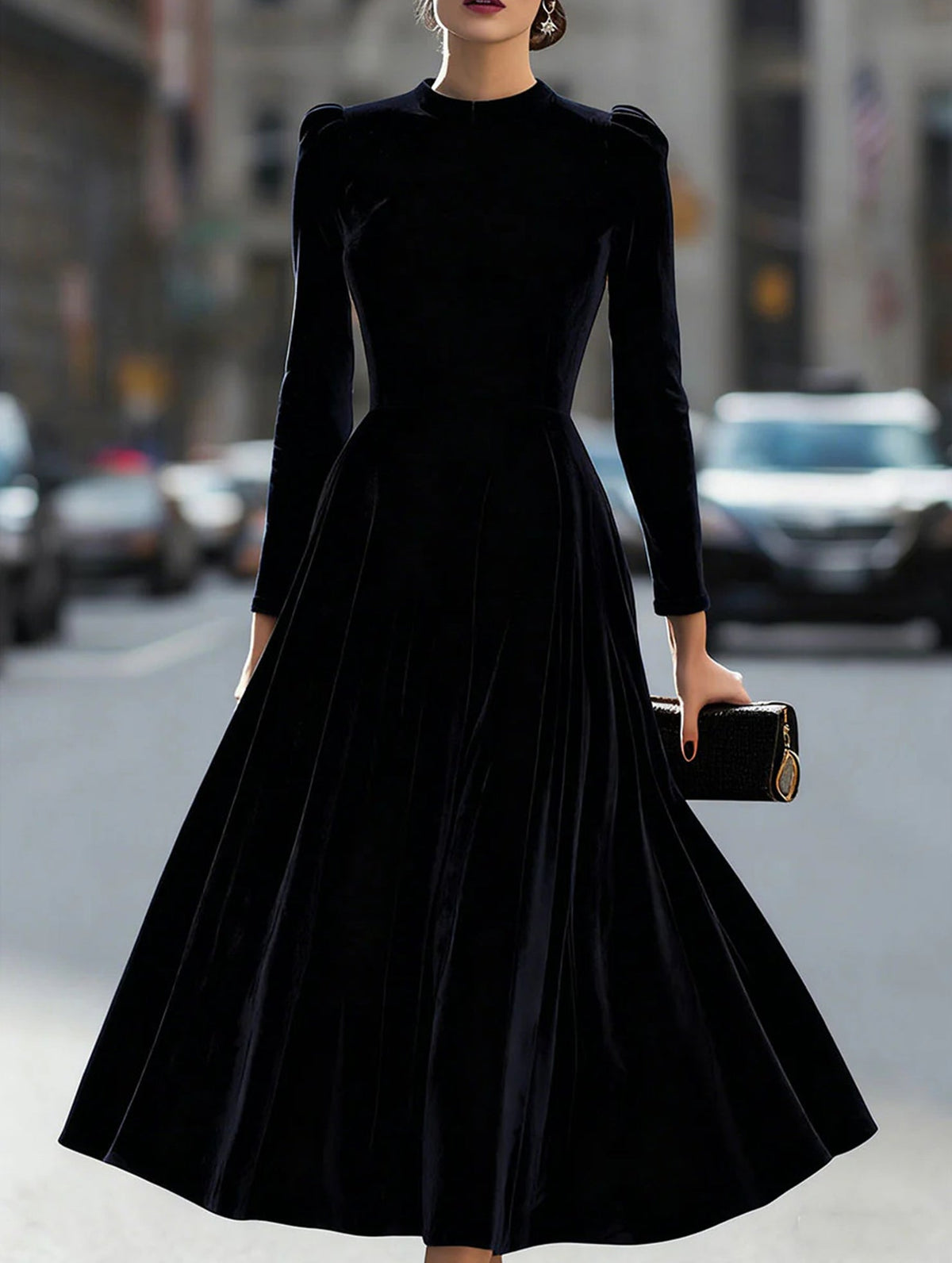 Black velvet round neck long-sleeved dress by Christine Brewer, stylish and elegant women's dress with a smooth fabric finish.