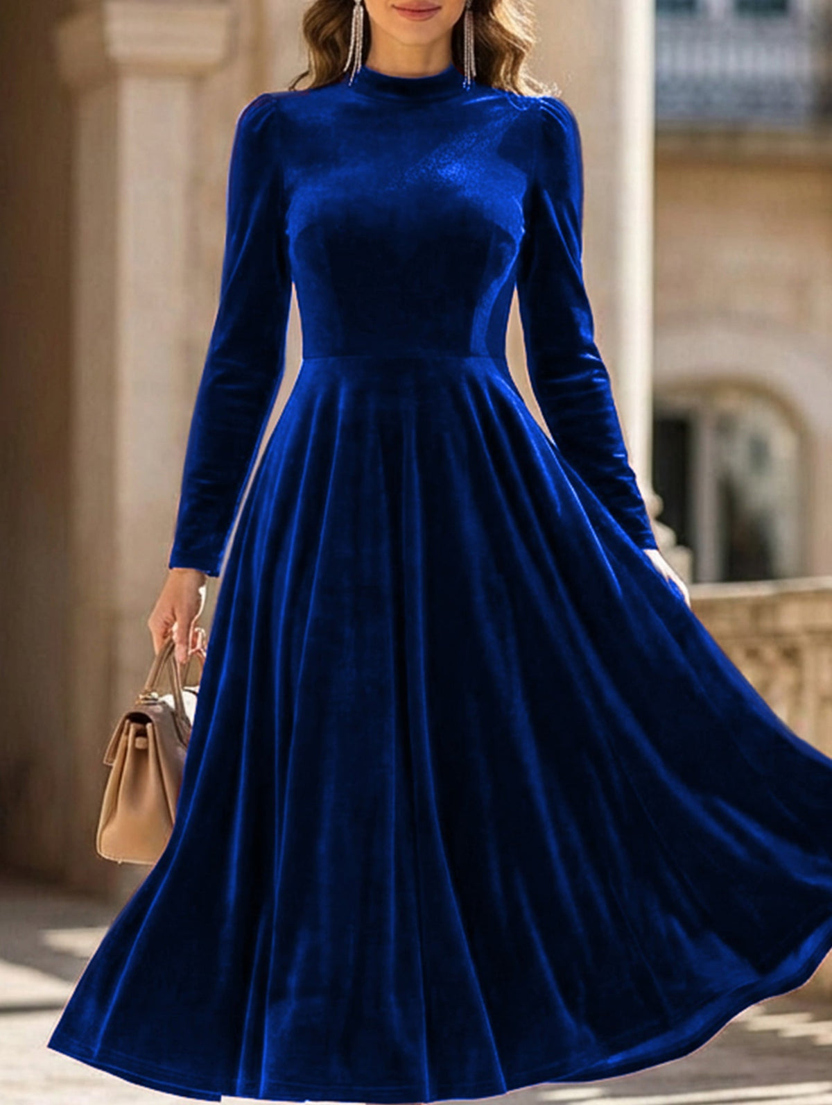 White velvet round neck long-sleeved dress by Christine Brewer, stylish and elegant for casual or formal occasions.