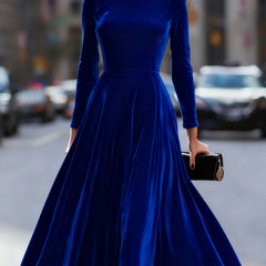 Blue velvet round neck long-sleeved dress by Christine Brewer, featuring a stylish fit and elegant design.