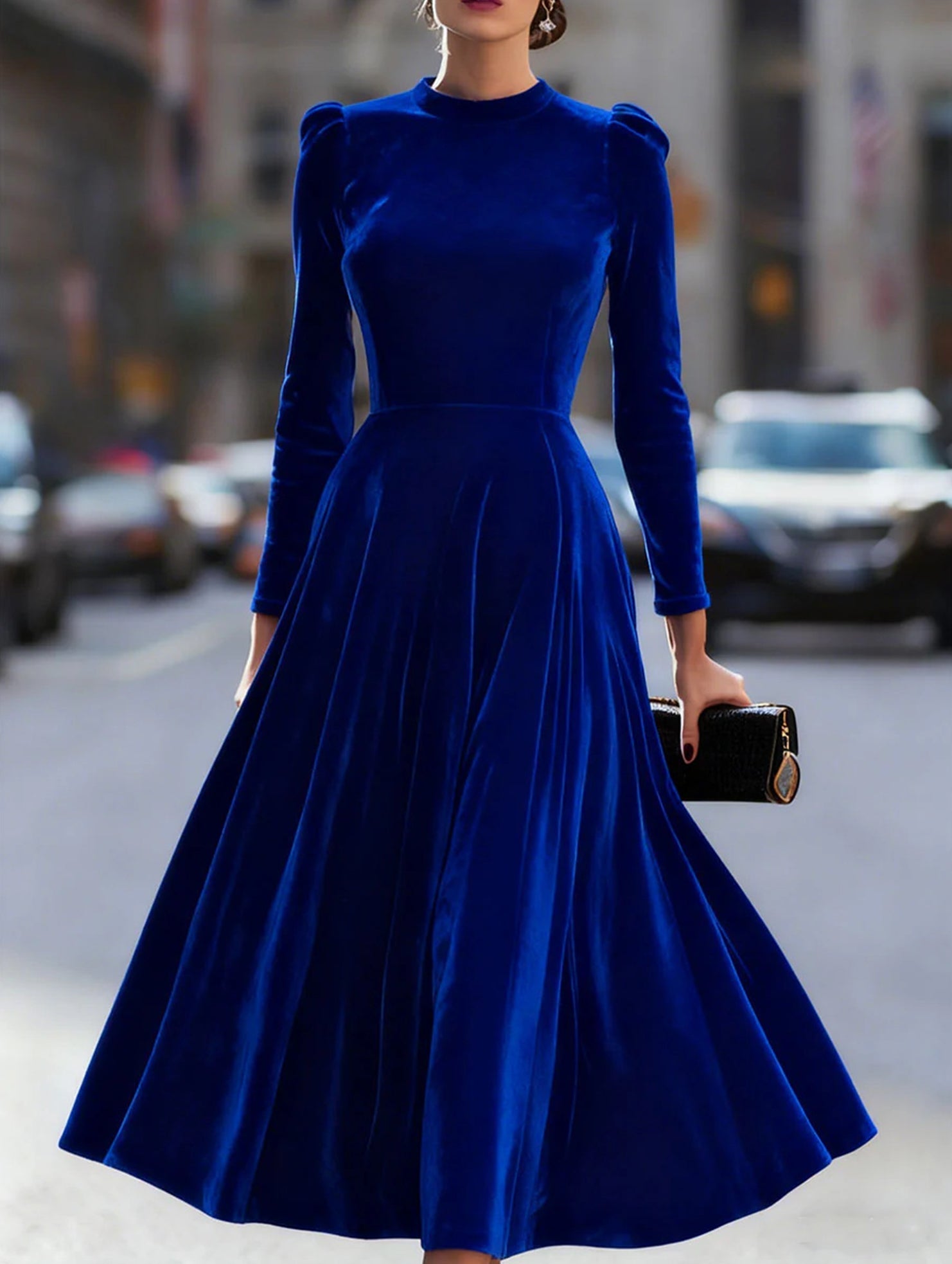 Blue velvet round neck long-sleeved dress by Christine Brewer, featuring a stylish fit and elegant design.