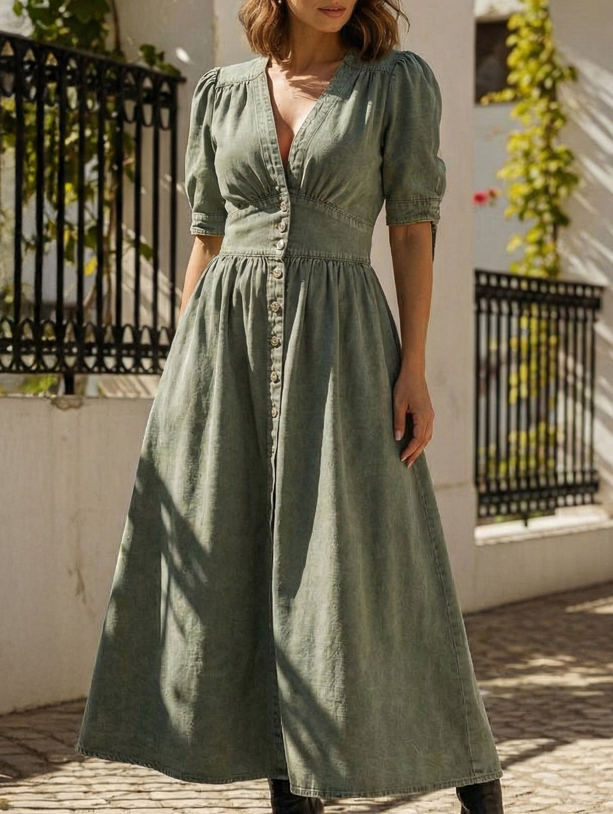Deep V-neck fitted white shirt dress by Christine Brewer, stylish and form-fitting with long sleeves and a tailored silhouette.