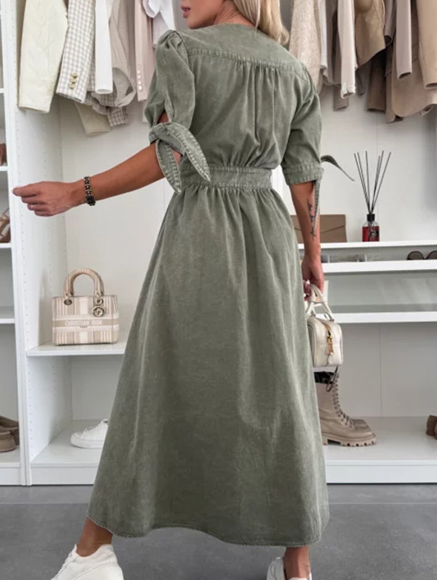 White deep V-neck fitted shirt dress by Christine Brewer, stylish dress with a tailored silhouette and button details.