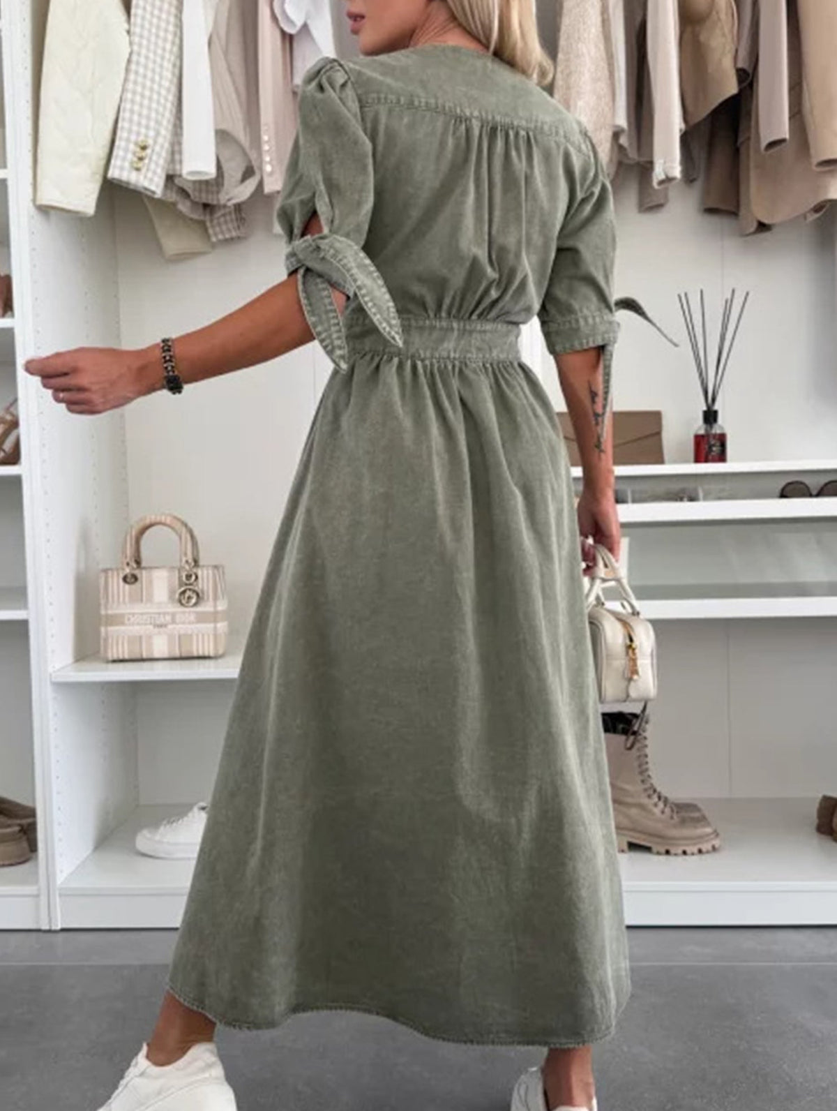 White deep V-neck fitted shirt dress by Christine Brewer, stylish dress with a tailored silhouette and button details.