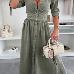 White fitted shirt dress with deep V-neck by Christine Brewer, shown in a stylish, tailored design perfect for casual or formal wear.