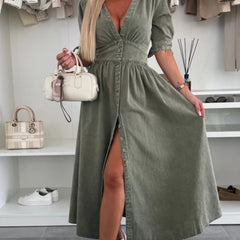 White deep V-neck fitted shirt dress by Christine Brewer, showcasing a stylish, tailored design with long sleeves and a sleek silhouette.