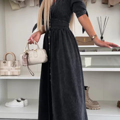 Black deep V-neck fitted shirt dress by Christine Brewer, showcasing a sleek, tailored silhouette with long sleeves and a stylish collar.