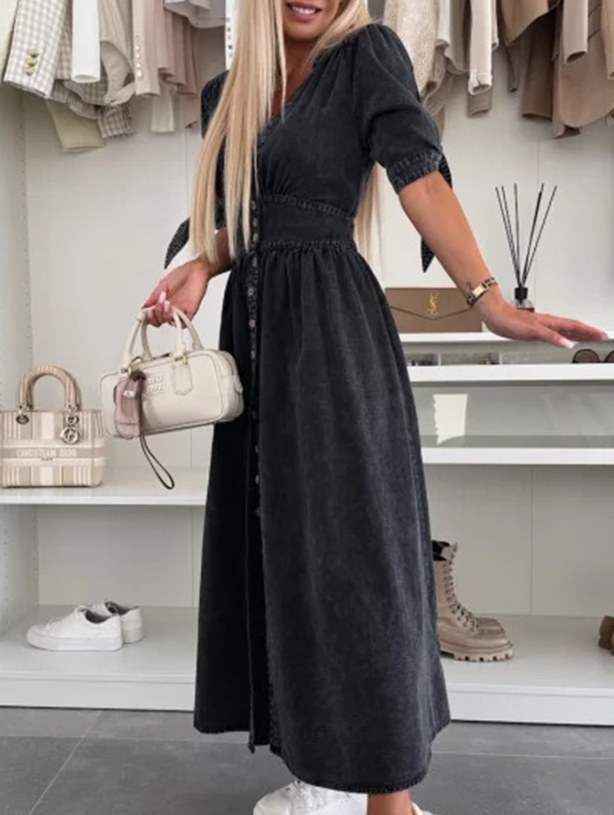 Black deep V-neck fitted shirt dress by Christine Brewer, showcasing a sleek, tailored silhouette with long sleeves and a stylish collar.