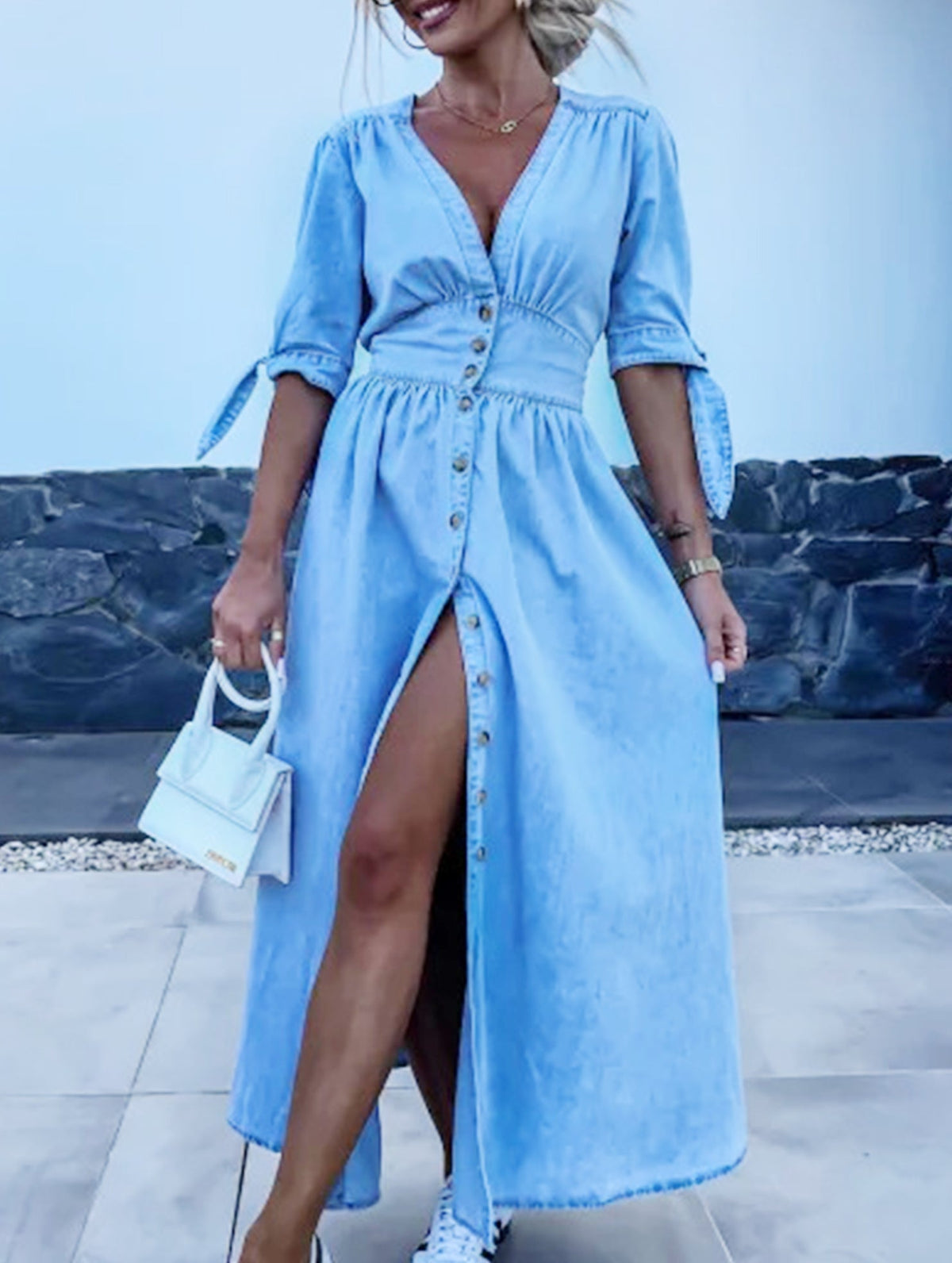 Blue deep V-neck fitted shirt dress by Christine Brewer, stylish and elegant for casual or formal occasions.