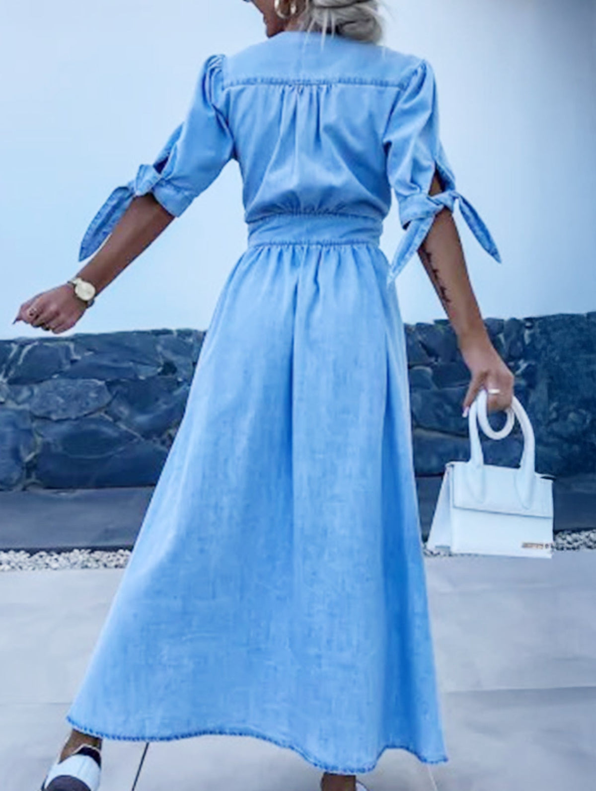 Blue deep V-neck fitted shirt dress by Christine Brewer, stylish and elegant with tailored design and crisp fabric.