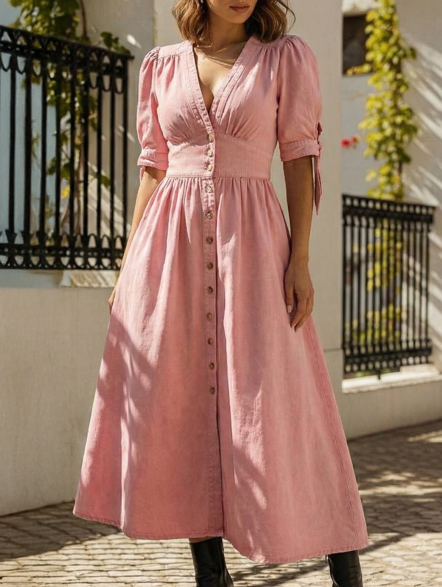 White fitted shirt dress with a deep V-neck by Christine Brewer, shown on a model. Perfect for stylish casual or semi-formal wear.