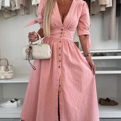 White fitted shirt dress with deep V-neck from Christine Brewer, showcasing a stylish, tailored look.