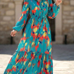 Blue printed tie-waist lantern sleeve dress by Christine Brewer, featuring a relaxed fit and stylish design.