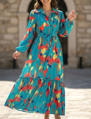 Blue printed tie-waist lantern sleeve dress by Christine Brewer, featuring a relaxed fit and stylish design.