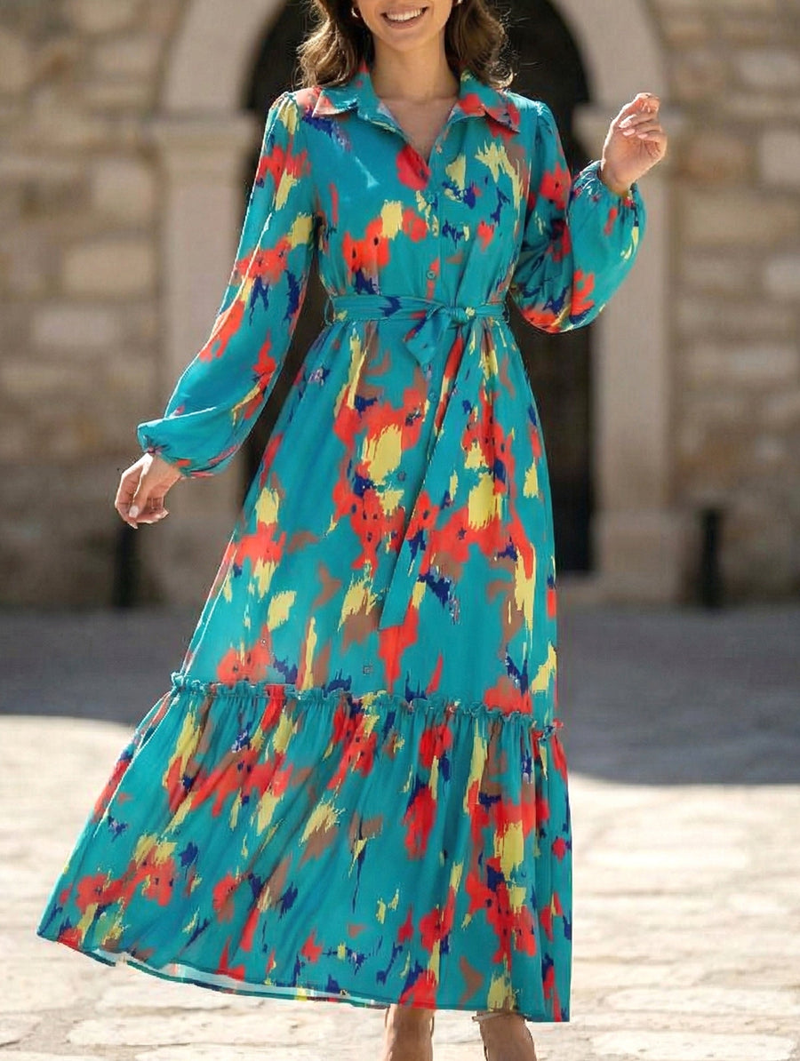 Blue printed tie-waist lantern sleeve dress by Christine Brewer, featuring a relaxed fit and stylish design.