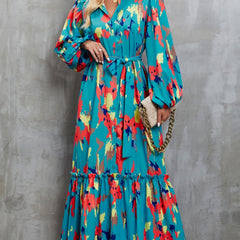 Light blue printed tie-waist lantern sleeve dress by Christine Brewer, featuring a relaxed fit and stylish design.
