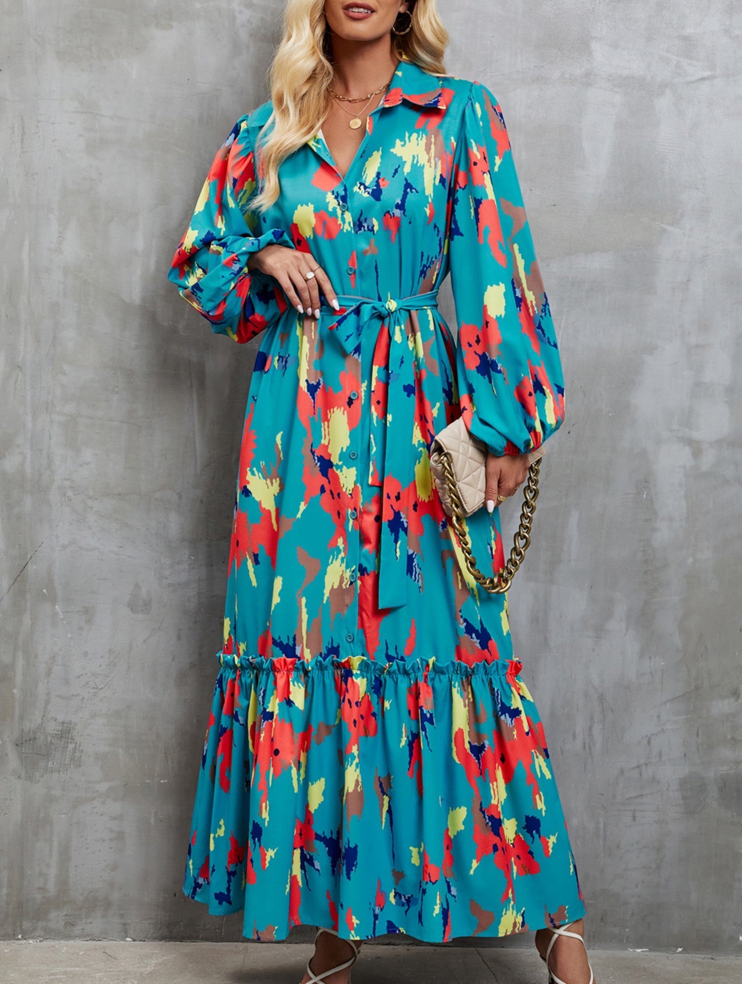 Light blue printed tie-waist lantern sleeve dress by Christine Brewer, featuring a relaxed fit and stylish design.