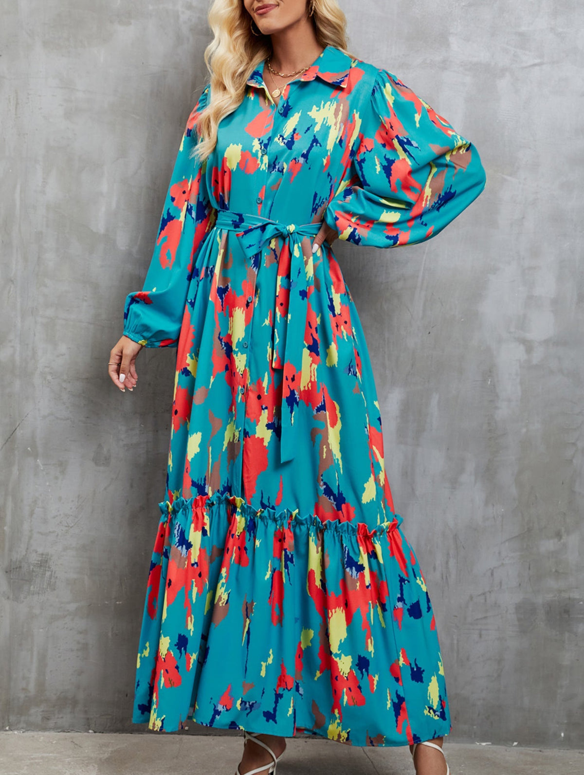 Blue printed tie-waist lantern sleeve dress by Christine Brewer, featuring a stylish silhouette and elegant design.