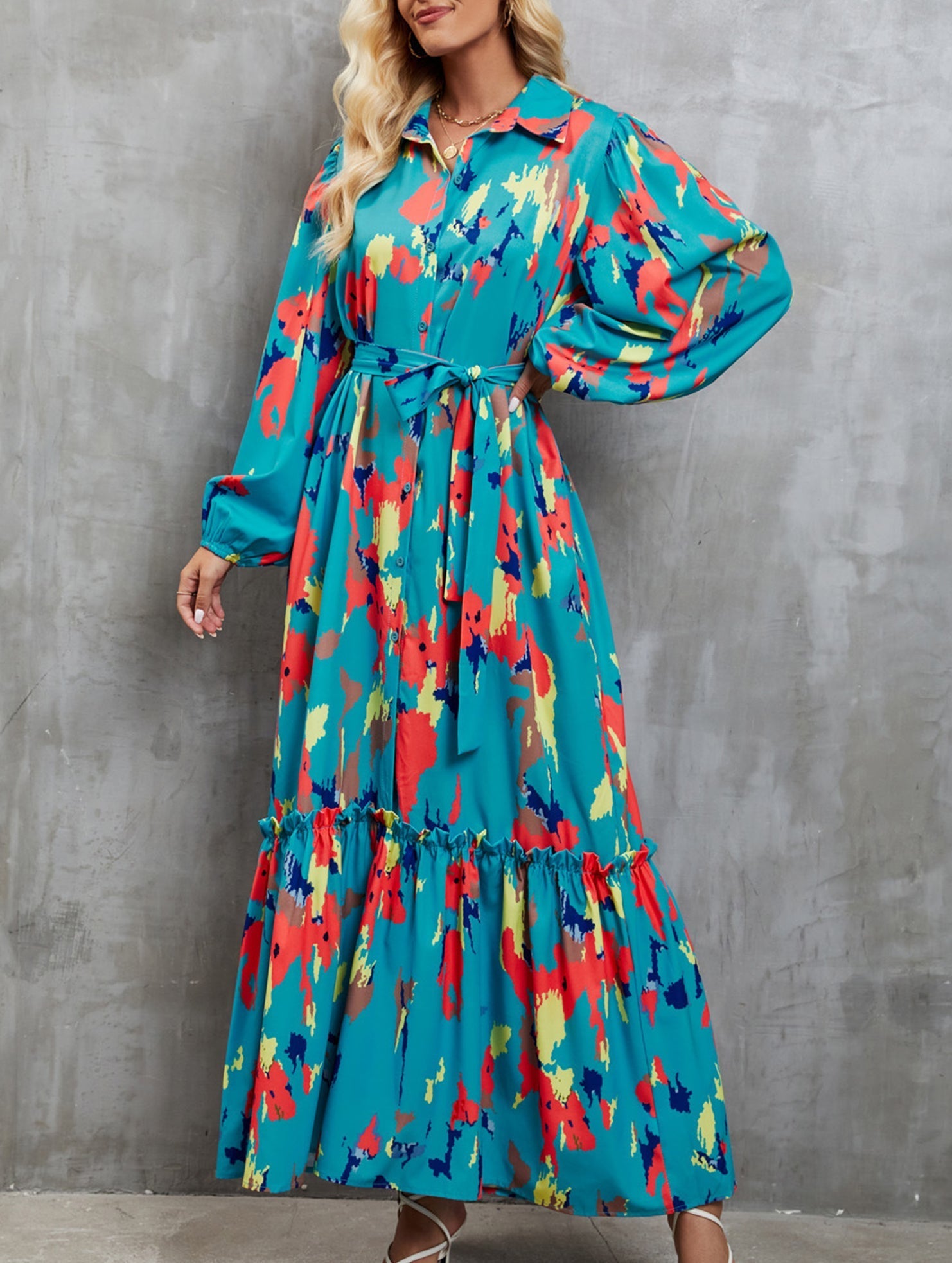 Blue printed tie-waist lantern sleeve dress by Christine Brewer, featuring a stylish silhouette and elegant design.