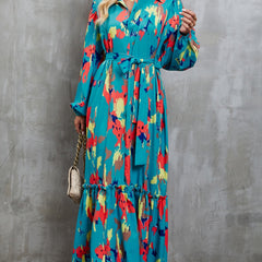 White printed tie-waist lantern sleeve dress by Christine Brewer, featuring flowy sleeves and a flattering silhouette.