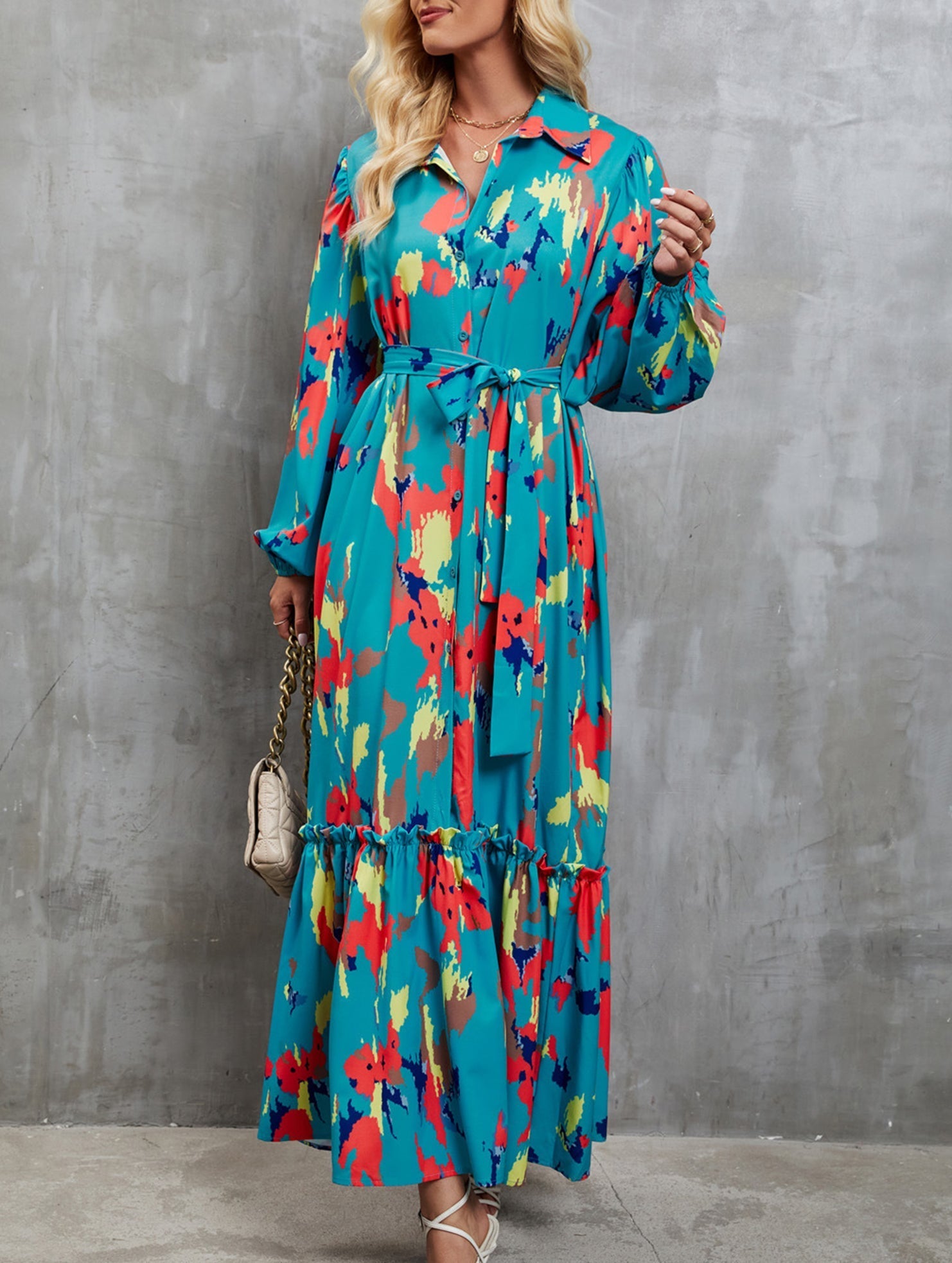White printed tie-waist lantern sleeve dress by Christine Brewer, featuring flowy sleeves and a flattering silhouette.