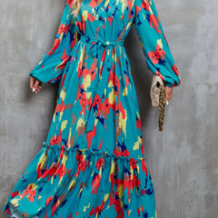 Blue printed tie-waist lantern sleeve dress by Christine Brewer, featuring a relaxed fit and stylish design.