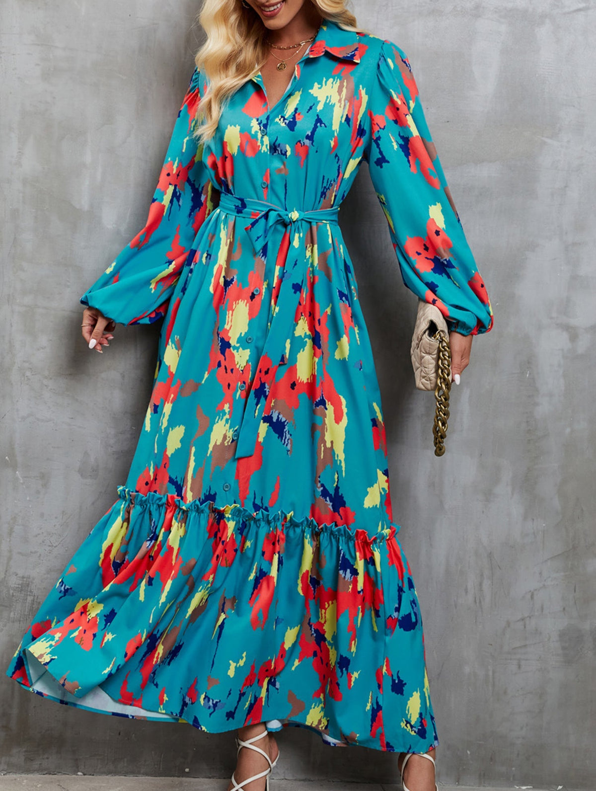 Blue printed tie-waist lantern sleeve dress by Christine Brewer, featuring a relaxed fit and stylish design.