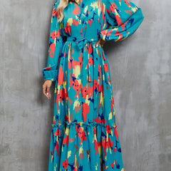 White printed tie-waist lantern sleeve dress by Christine Brewer, featuring a flowy silhouette and stylish sleeve design.