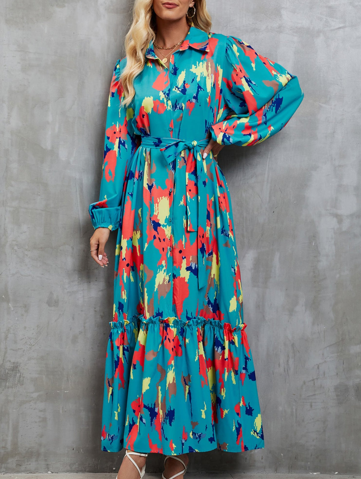 White printed tie-waist lantern sleeve dress by Christine Brewer, featuring a flowy silhouette and stylish sleeve design.