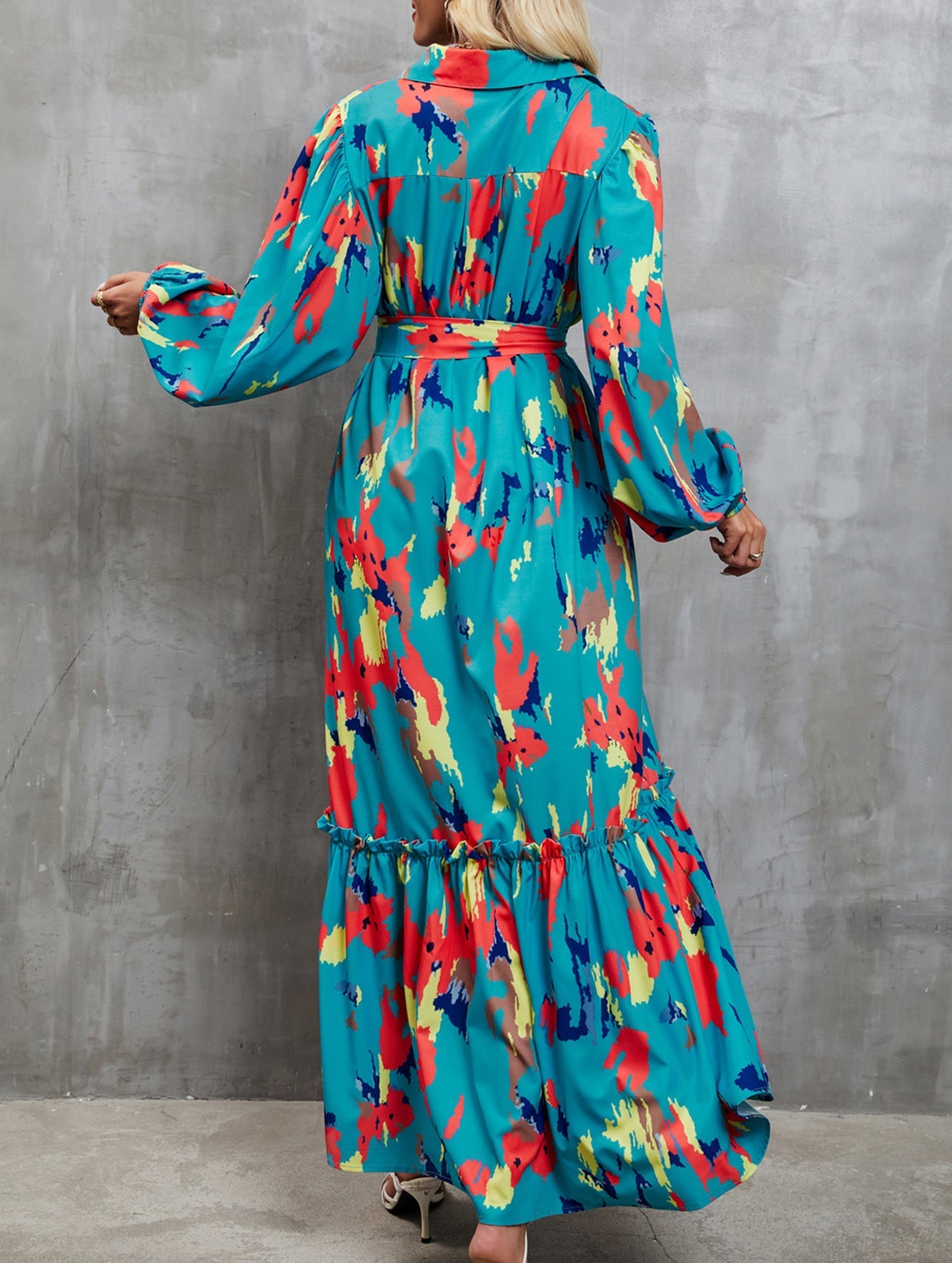 Printed tie-waist lantern sleeve dress by Christine Brewer, featuring a stylish white dress with a tie waist and lantern sleeves.