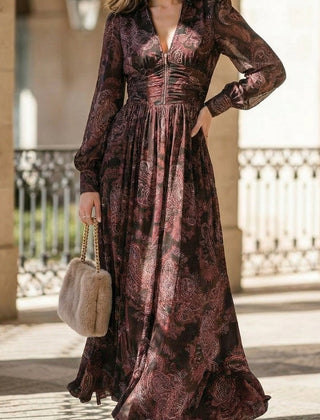 White retro long-sleeved V-neck fitted waist dress by Christine Brewer, showcasing a stylish and elegant design.