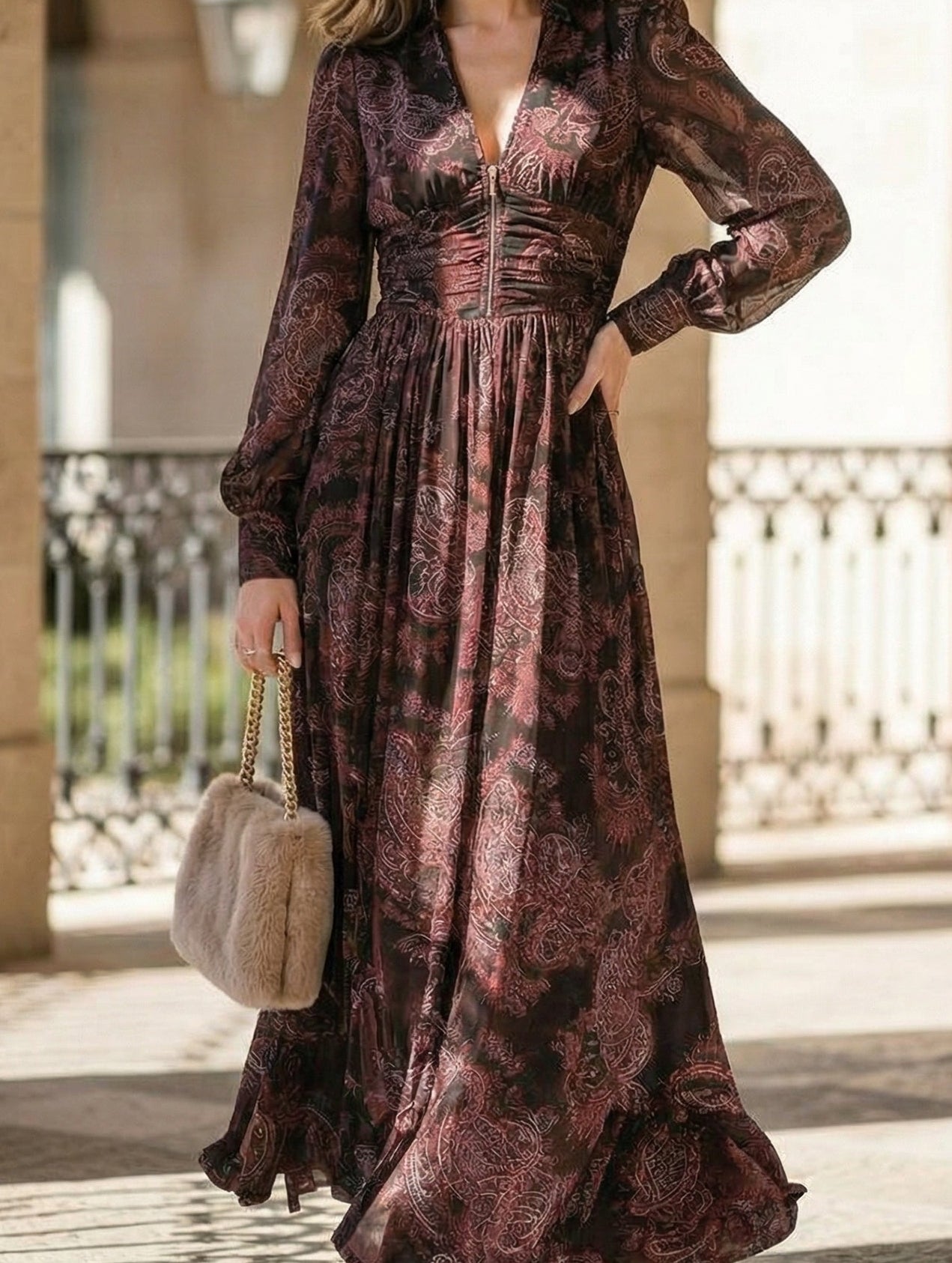 White retro long-sleeved V-neck fitted waist dress by Christine Brewer, showcasing a stylish and elegant design.