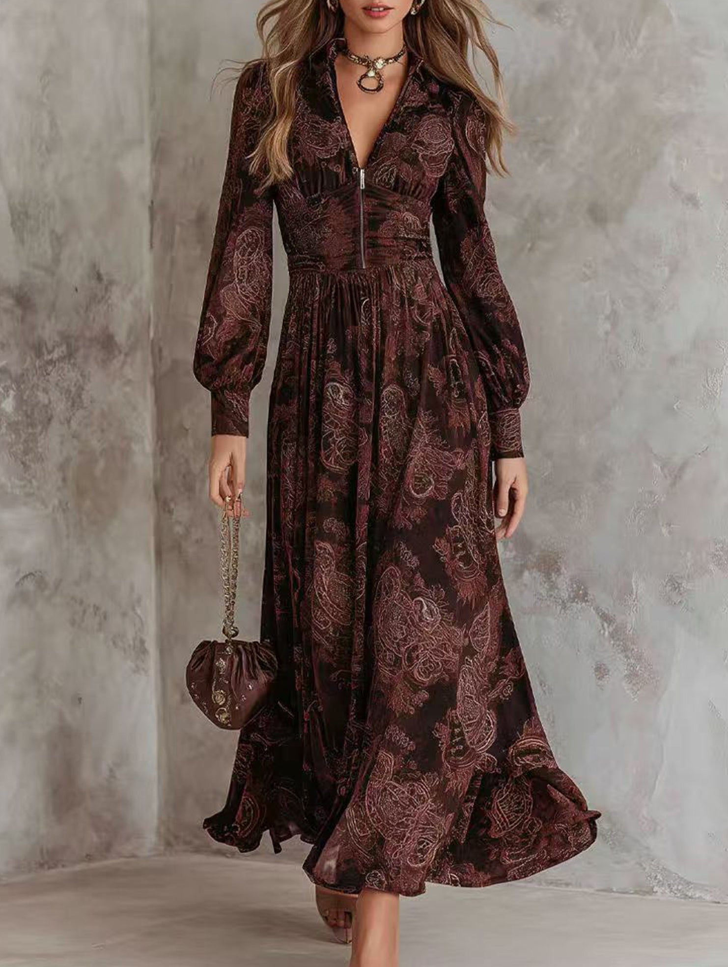 White retro long-sleeved V-neck fitted waist dress by Christine Brewer, shown on a mannequin with a classic silhouette.
