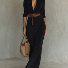 Black suede long dress by Christine Brewer featuring a fitted waist and belt, elegant and stylish for formal occasions.