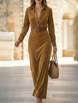 White suede long dress by Christine Brewer featuring a fitted waist and belt, displayed on a hanger.