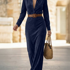 Navy suede long dress by Christine Brewer featuring a fitted waist and matching belt, elegant and stylish for formal occasions.