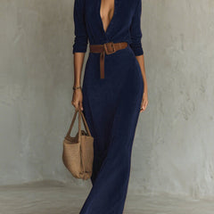 Navy suede long dress with a fitted waist and belt by Christine Brewer, stylish and elegant for formal occasions.