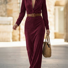 White suede long dress with a fitted waist and belt by Christine Brewer, shown on a model.