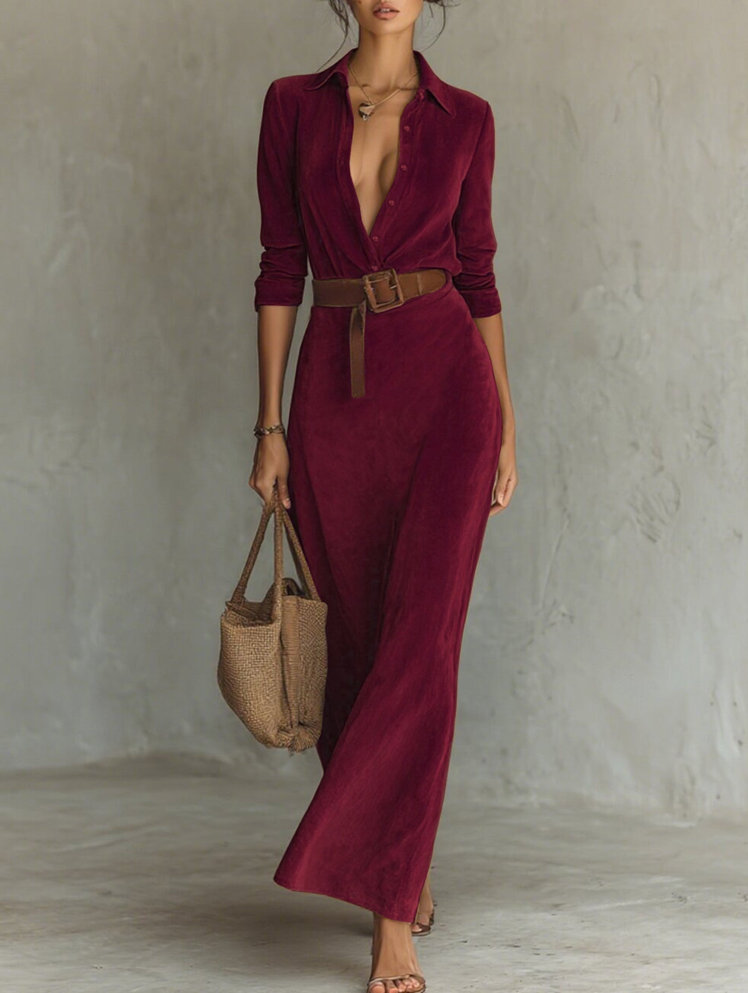 White suede long dress with fitted waist and belt by Christine Brewer, shown on a model.