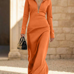 White long sleeve maxi dress with half-zip polo collar by Christine Brewer, slim fit, elegant and stylish for versatile wear.