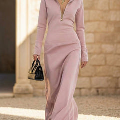 White maxi dress by Christine Brewer featuring a half-zip polo neck, slim fit, long sleeves, perfect for elegant casual wear.