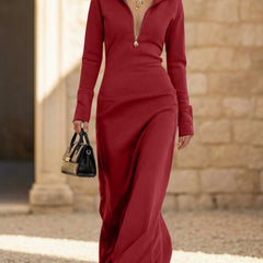 White long sleeve maxi dress with half zip polo neck by Christine Brewer, slim fit style perfect for elegant casual wear.