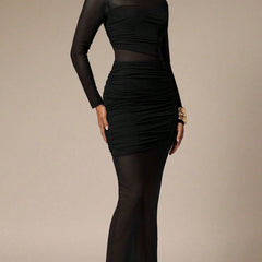 Black mesh patchwork ruched bodycon maxi dress by Christine Brewer, showcasing fitted silhouette and stylish design.