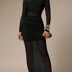 Black mesh patchwork ruched bodycon maxi dress by Christine Brewer, featuring a fitted silhouette and intricate fabric details.